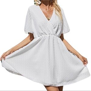Swiss dot surplice faux wrap dress white v neck